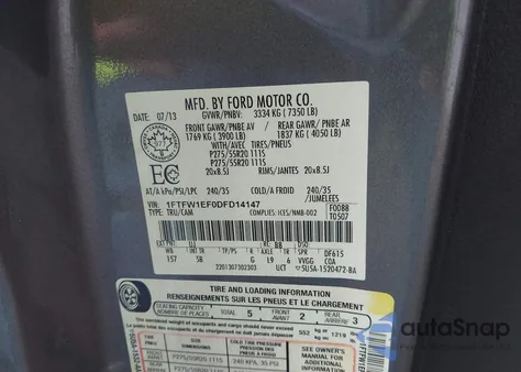 2013 Ford F-150 Fx4 из США, поврежденный, VIN 1FTFW1EF0DFD14147